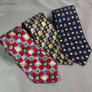 Lands End Sailboats and Daisies Silk Neck Tie Lot of 3 Long Nautical Whimsical